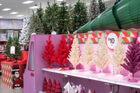 Red, white and purple bottle brush trees line a colorful shelf, with large Christmas trees behind.