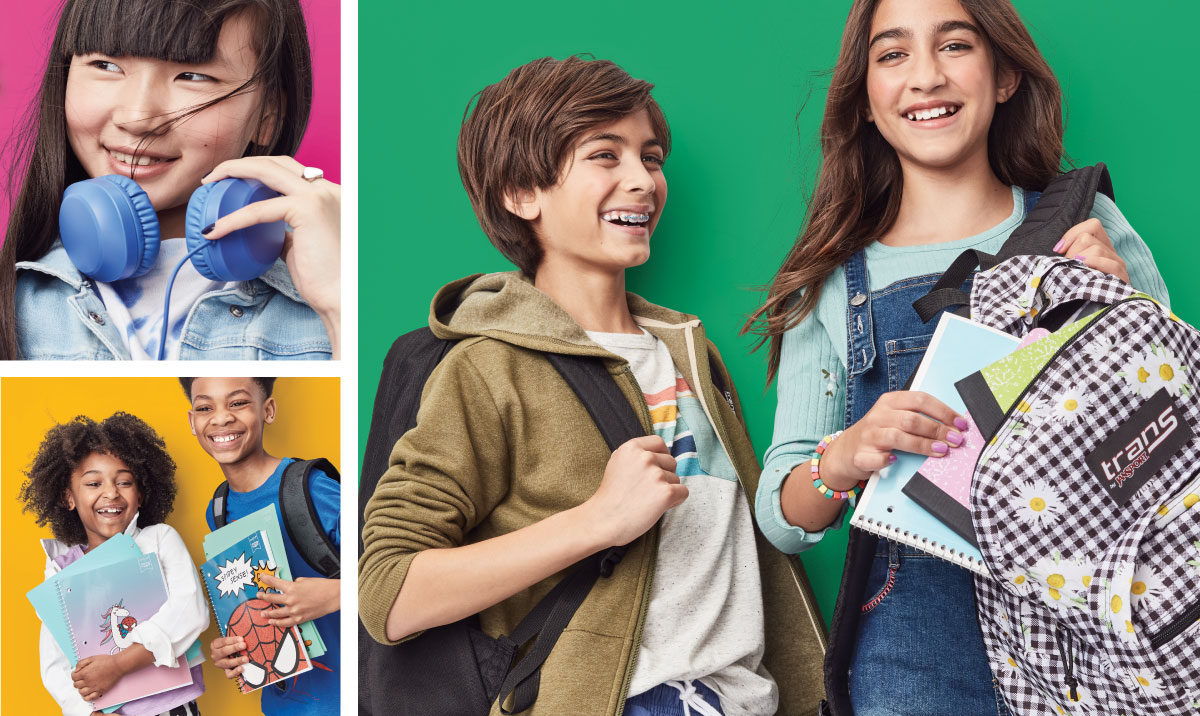 A collage of smiling pre-teens with school supplies, backpacks and headphones on colorful backgrounds.