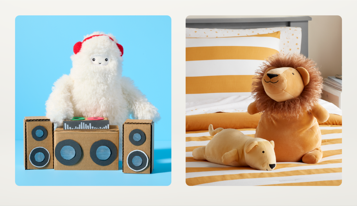 A collage of two images of stuffed toys, including a Yeti DJ and a lion and cub.
