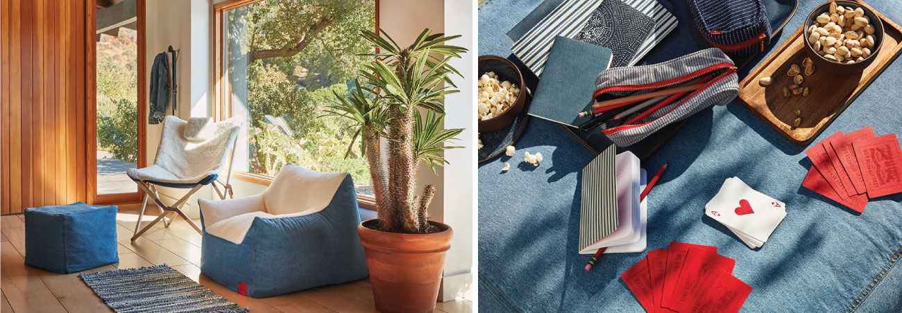 A two-photo collage shows denim living room furniture and accessories and a denim quilt spread with journals, snacks, playing cards and more