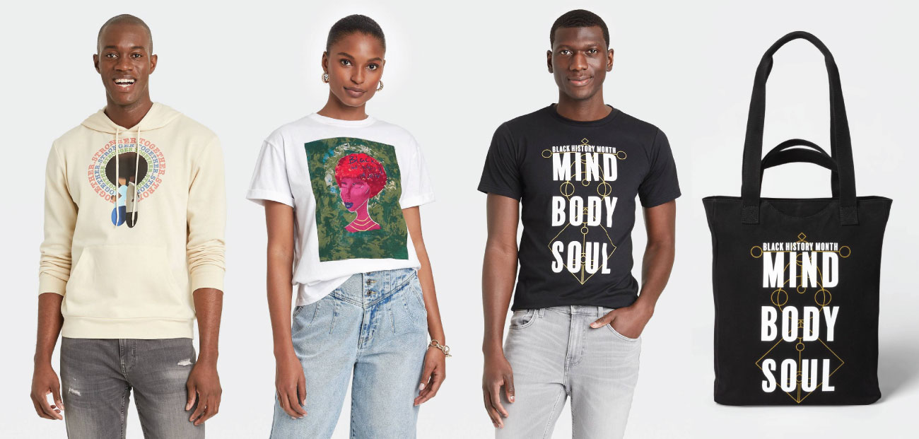 Three models wear three different shirts in different colors. At right, a black tote bag with the words “Black History Month” and “Mind Body Soul” in white on the front.