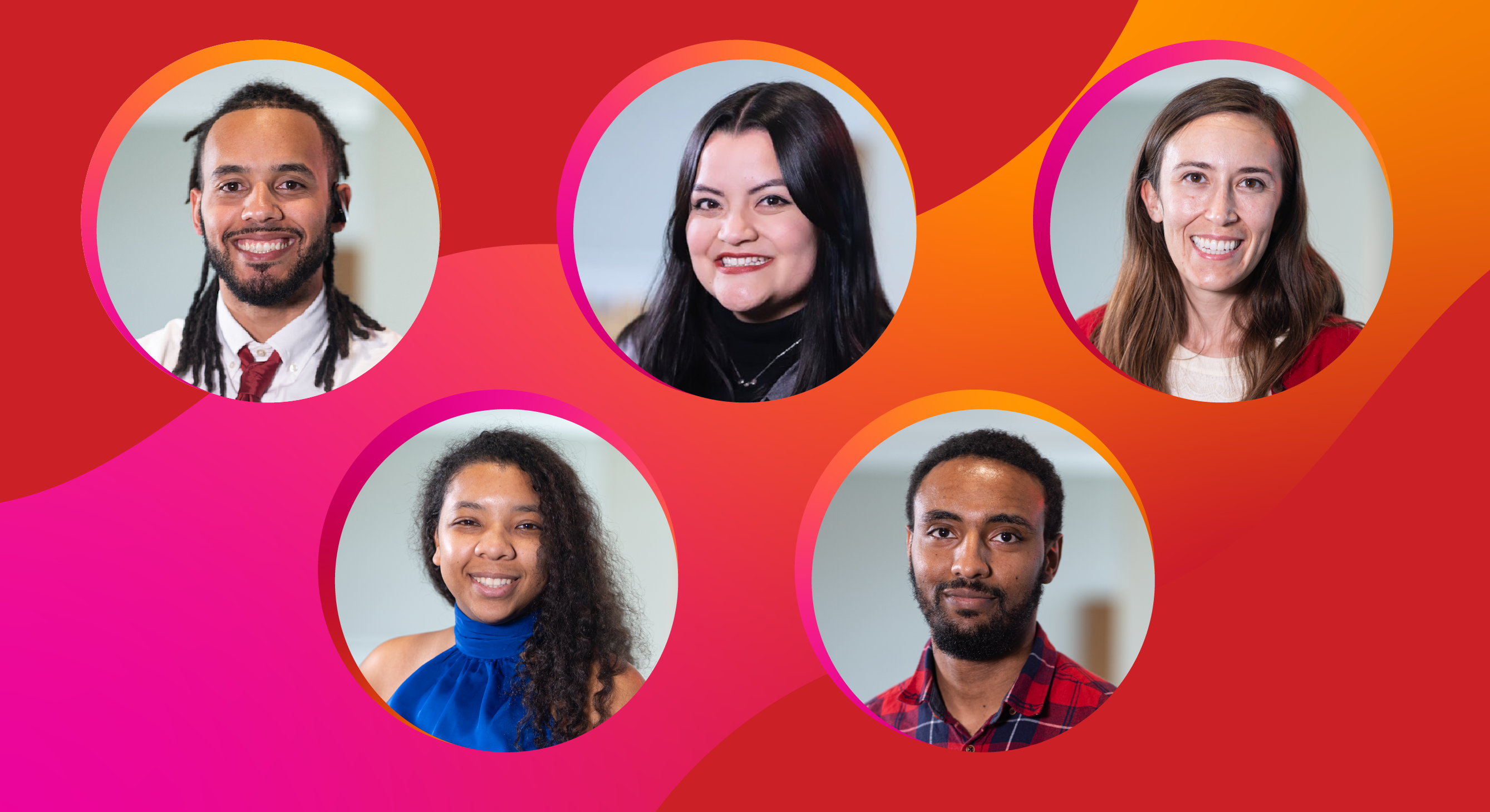 Five team member headshots in round frames on a red, pink and orange background.