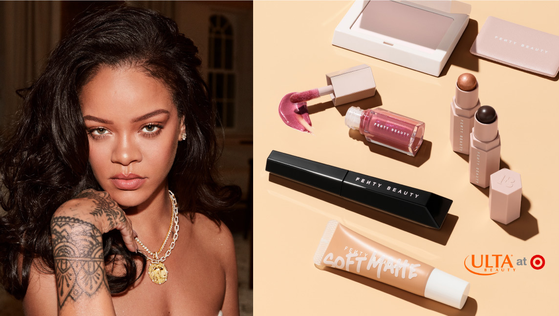 A photo of Rihanna next to an image of several Fenty Beauty makeup items.