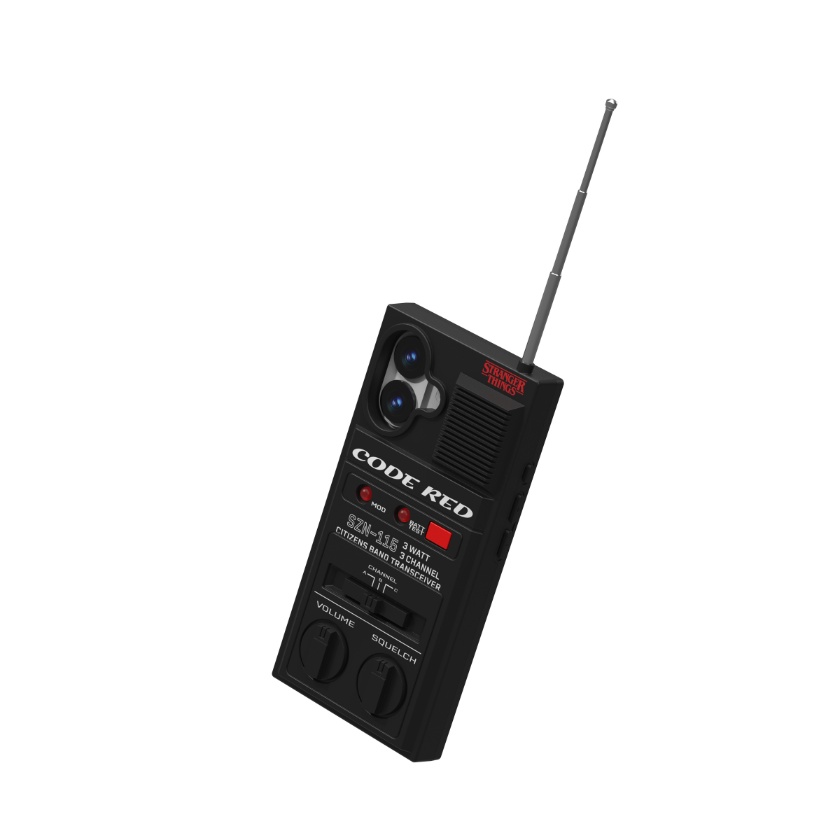 Stranger Things phone case shaped like a walkie talkie with antenna.