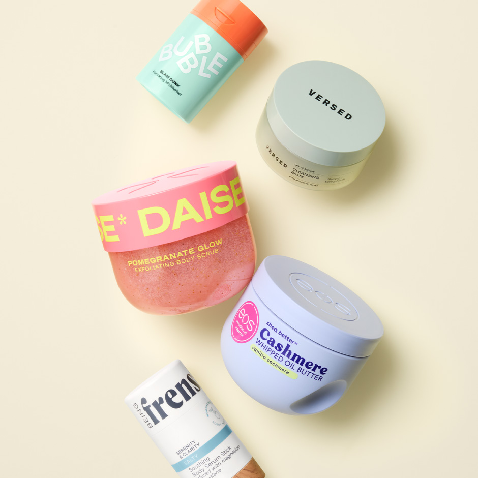 Beauty items from brands Bubble, DAISE, Versed, eos and Being Frenshe.