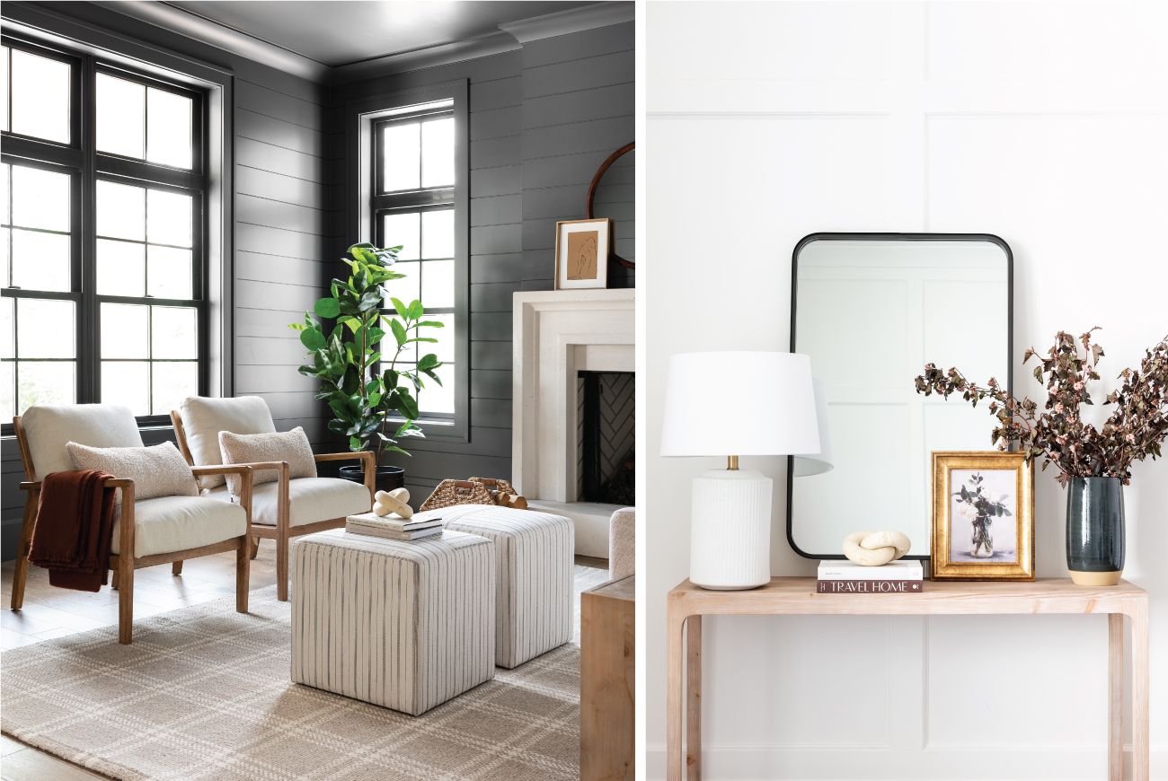 A photo of a living room set with cream furniture and a second photo showing an entry table styled with a lamp, mirror and accessories