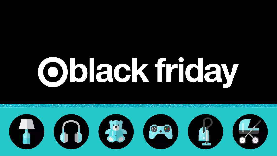A black and teal graphic showing Target logo and “black Friday” above product icons.