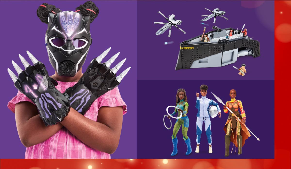 A collage of Black Panther products including a young person wearing a Black Panther mask and gloves; a LEGO ship and Black Panther character dolls.