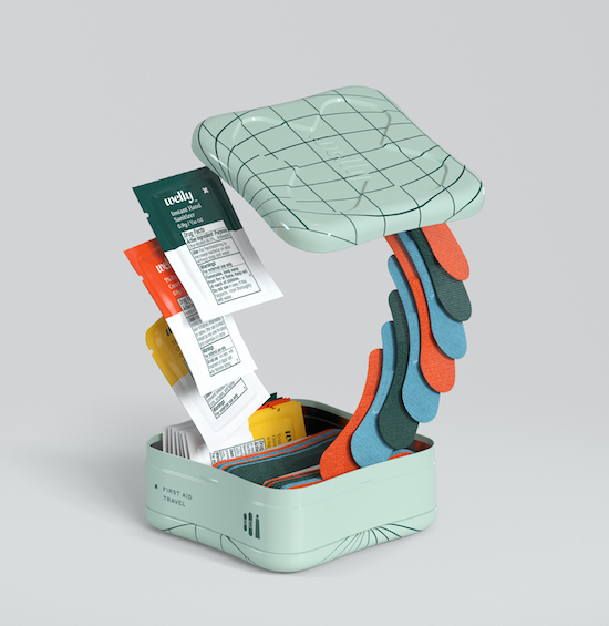 A mint green tin with blue, green and orange Welly bandages and packages spilling out