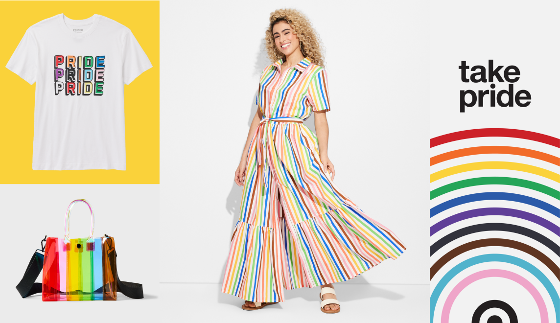 A collage features a person wearing rainbow-themed apparel, a Pride-themed t-shirt and products with a multi-colored Bullseye logo and the words Take Pride.
