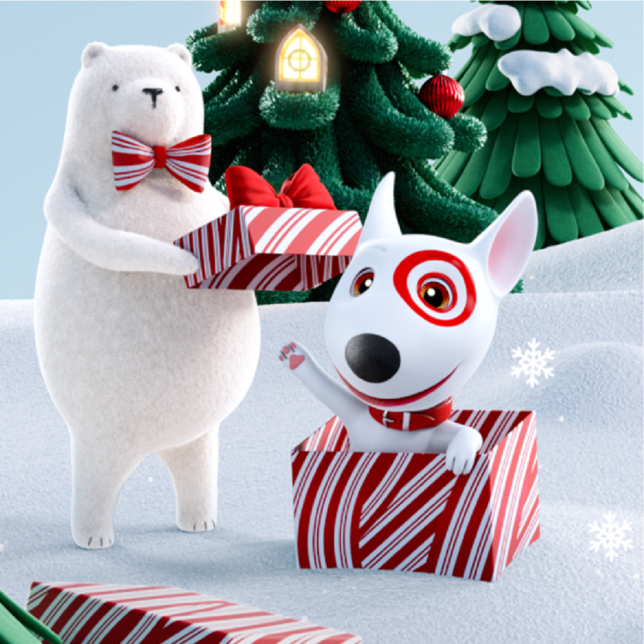 A festive winter forest scene with Berry the polar bear and Bullseye the dog popping out of a gift box. Text reads: Gift Finder.