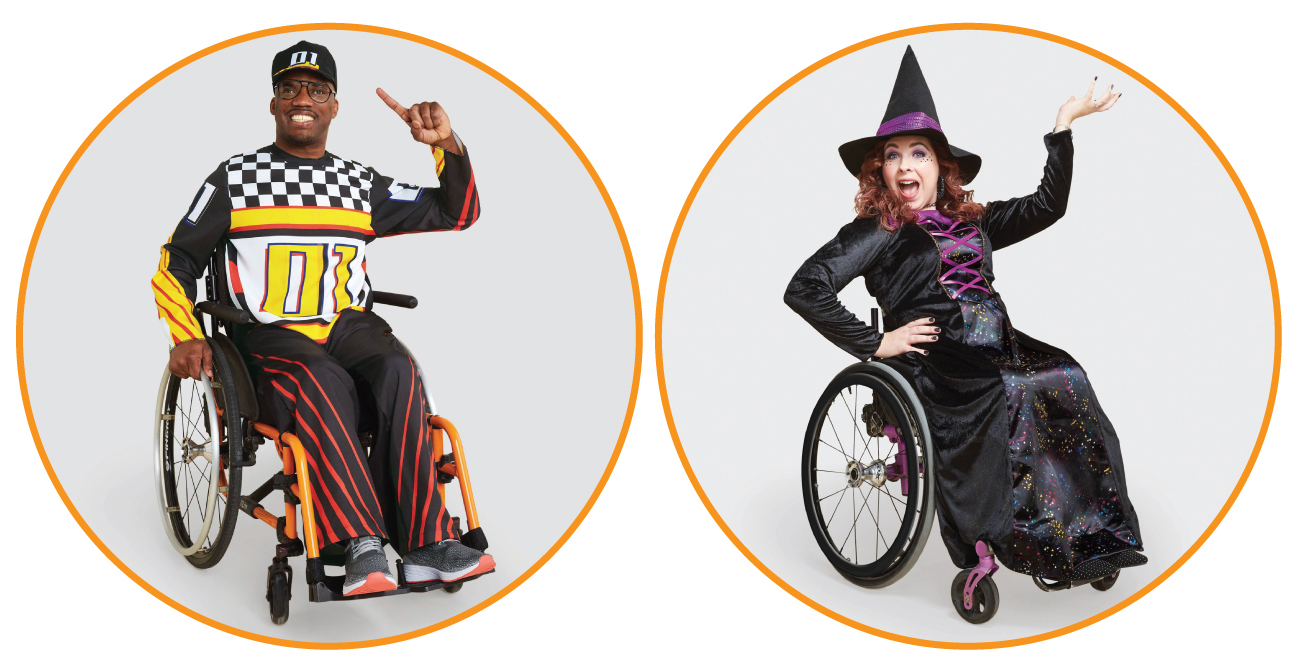 Michael and Kathryn model race car driver and witch costumes, smiling from their wheelchairs
