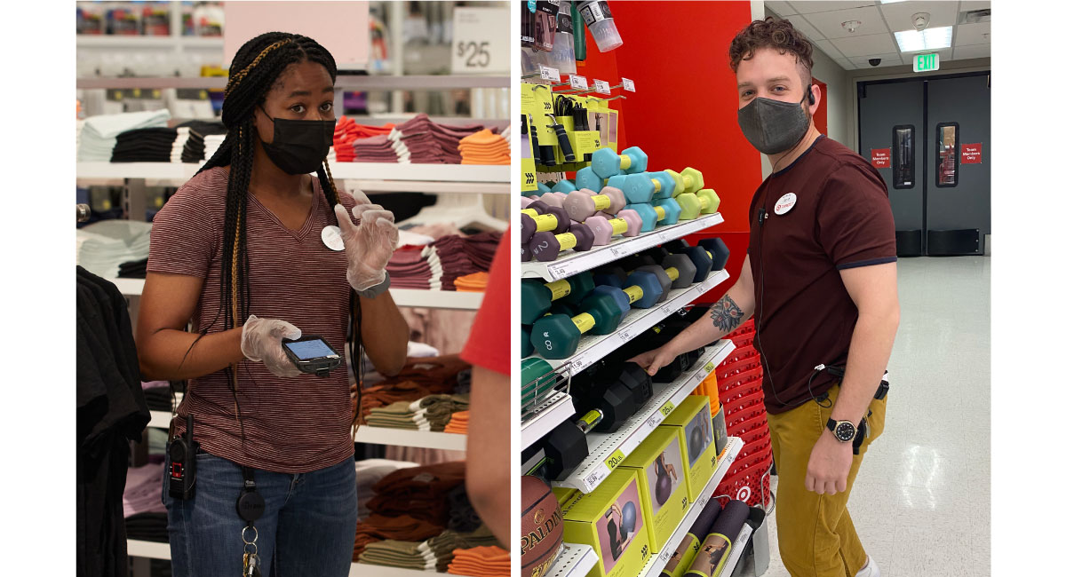 Two images side by side. At left, a Target team member with a name badge, handheld device and a mask talks to a group of other team members. At right, a Target team member in a mask organizes shelves in an aisle of a Target store.