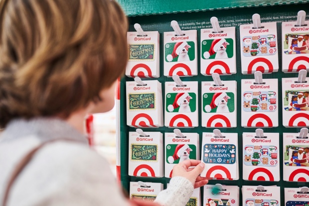A detailed view of giftcard holiday display inside a Target store.