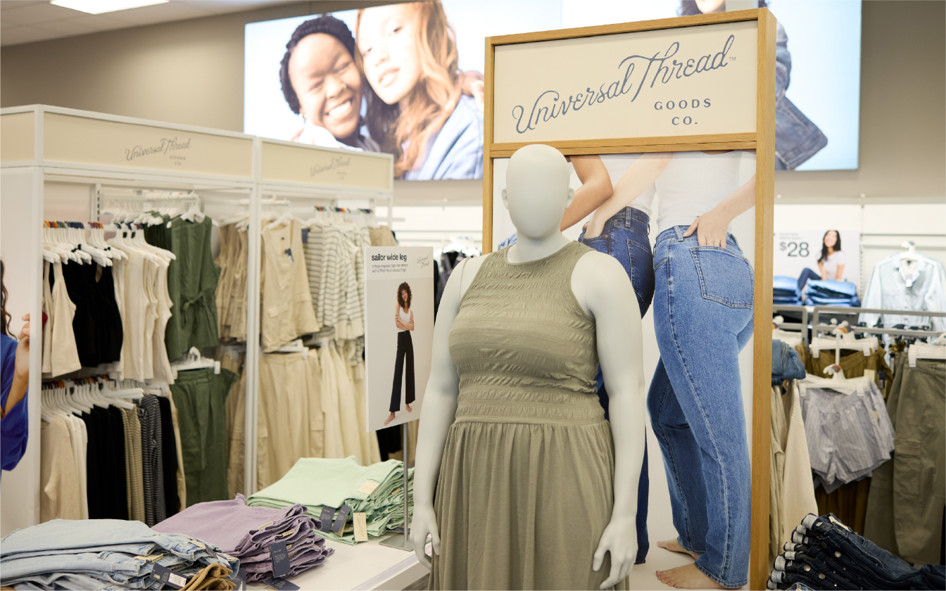 A mannequin wearing a Universal Thread dress in a Target store.