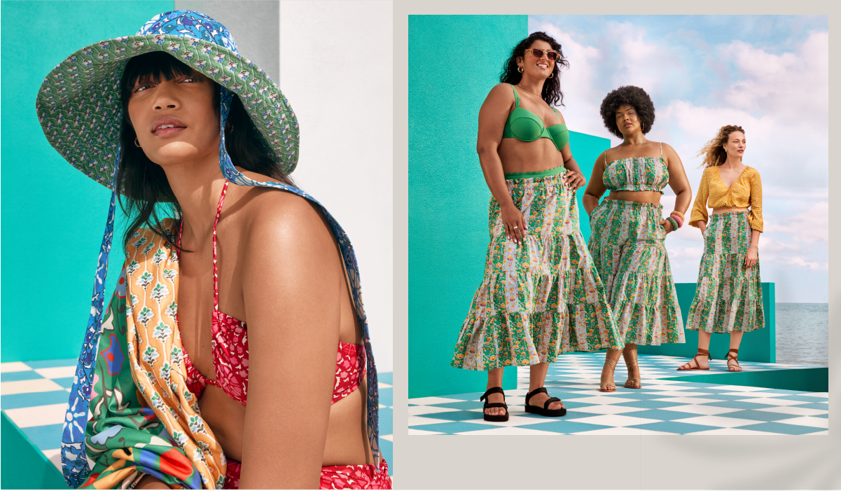 A collage showing a model in a colorful hat and swimsuit and three models wearing green patterned skirts.
