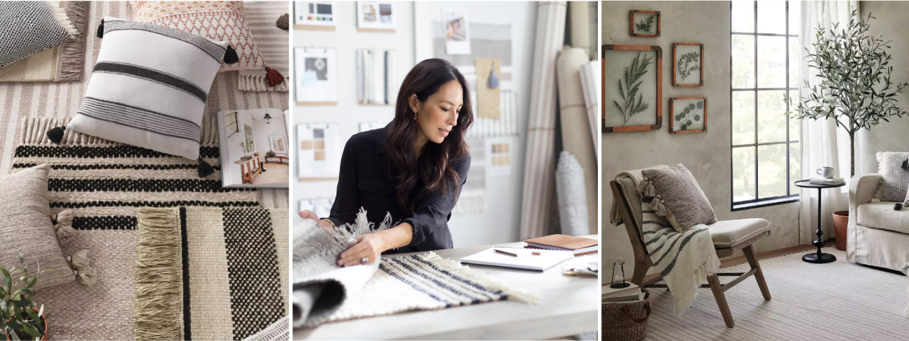 A set of neutral-hued pillows and rugs, Joanna Gaines examining a rug sample and a neutral living room scene