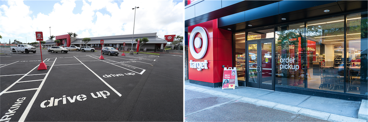 Two pictures. At left, a parking lot, with parking spots labeled “drive up” and small red signs. At right, a street-level entrance to a Target store.