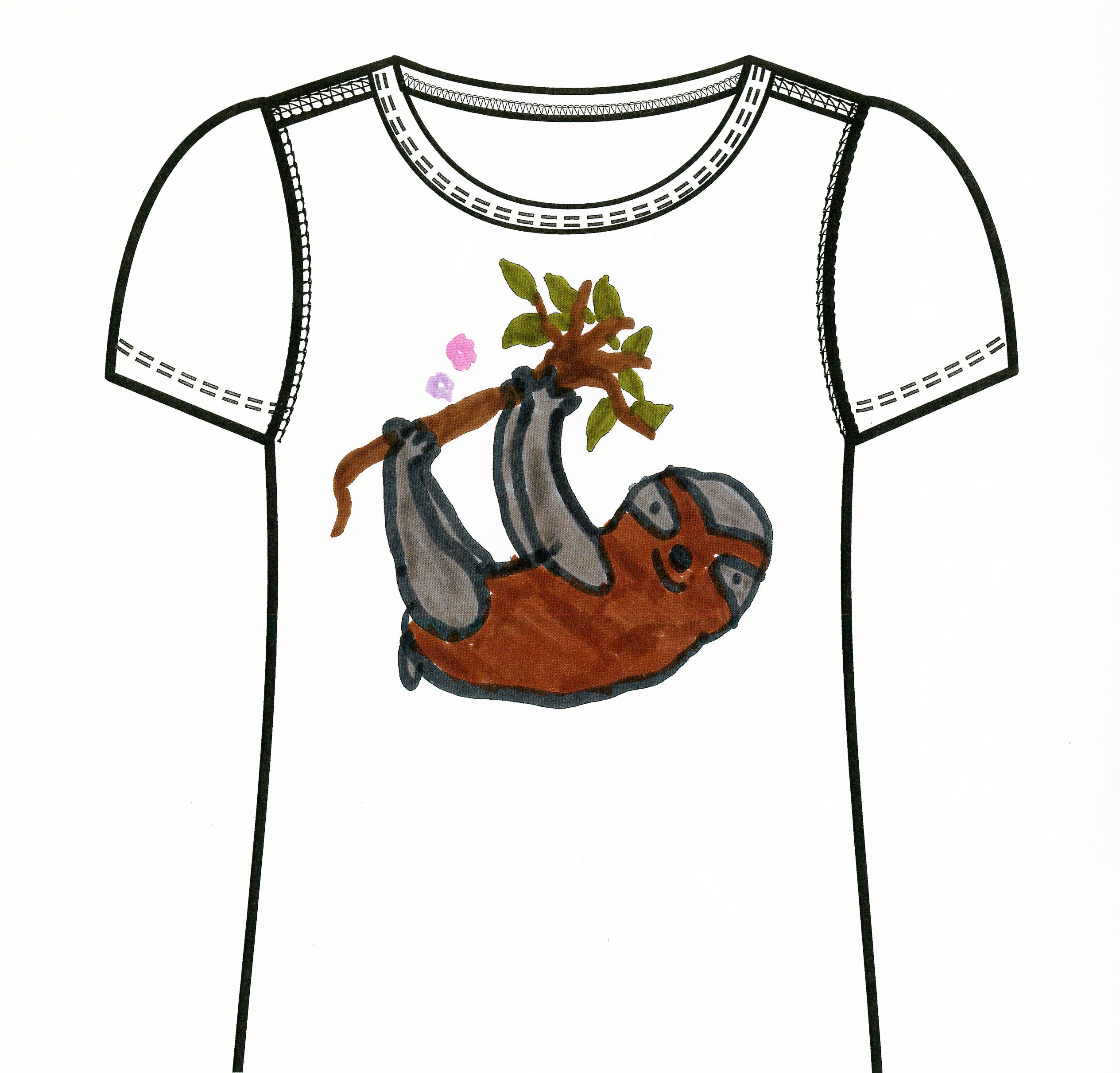 An illustration of a white t-shirt with a brown and gray sloth hanging from a tree branch with green leaves