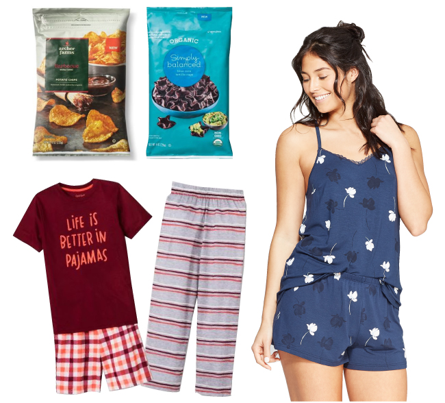 Chips, pajamas with a "Life is better in pajamas" saying, a woman in blue tank and pajama shorts