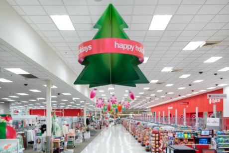 a large christmas tree in a store