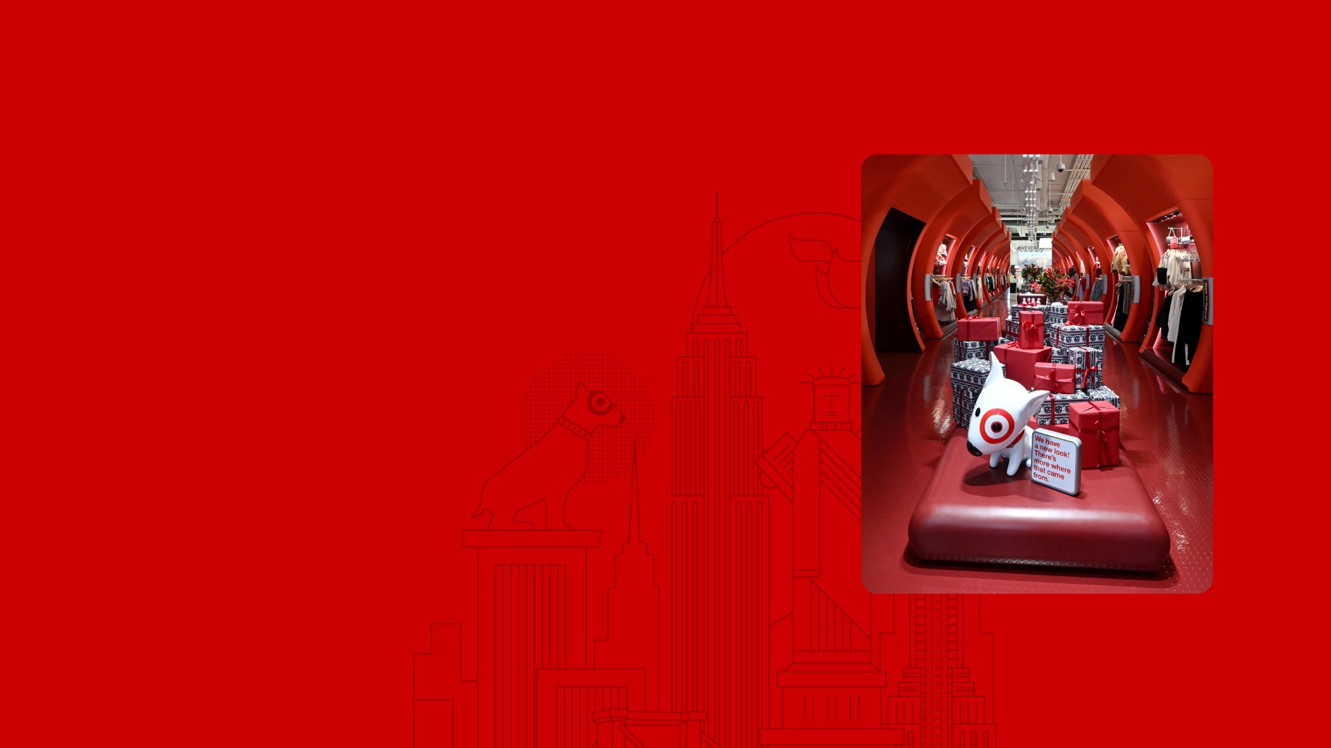 A red background of a line drawing of the New York City skyline with a picture of the entry of the Target SoHo store.