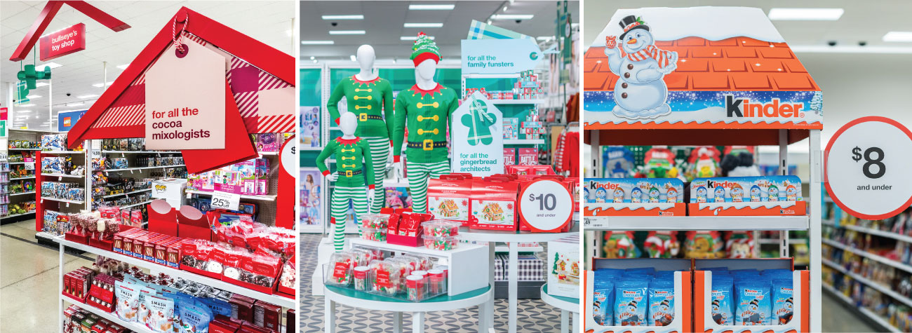 Three images show a variety of Target's holiday gifting displays, from cocoa and family jammies to sweet treats