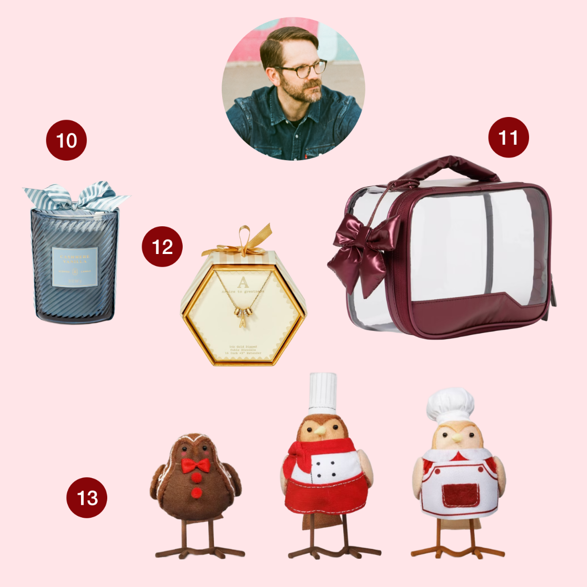 A collage features an image of Senior Product Designer Chris Hajny and four holiday gift items: a swirled glass candle, a clear toiletry bag with a bow, an initial necklace, and a set of three festive Featherly Friends figurines.