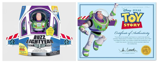 The Buzz Lightyear Signature figure in package, next to its certificate of authentication