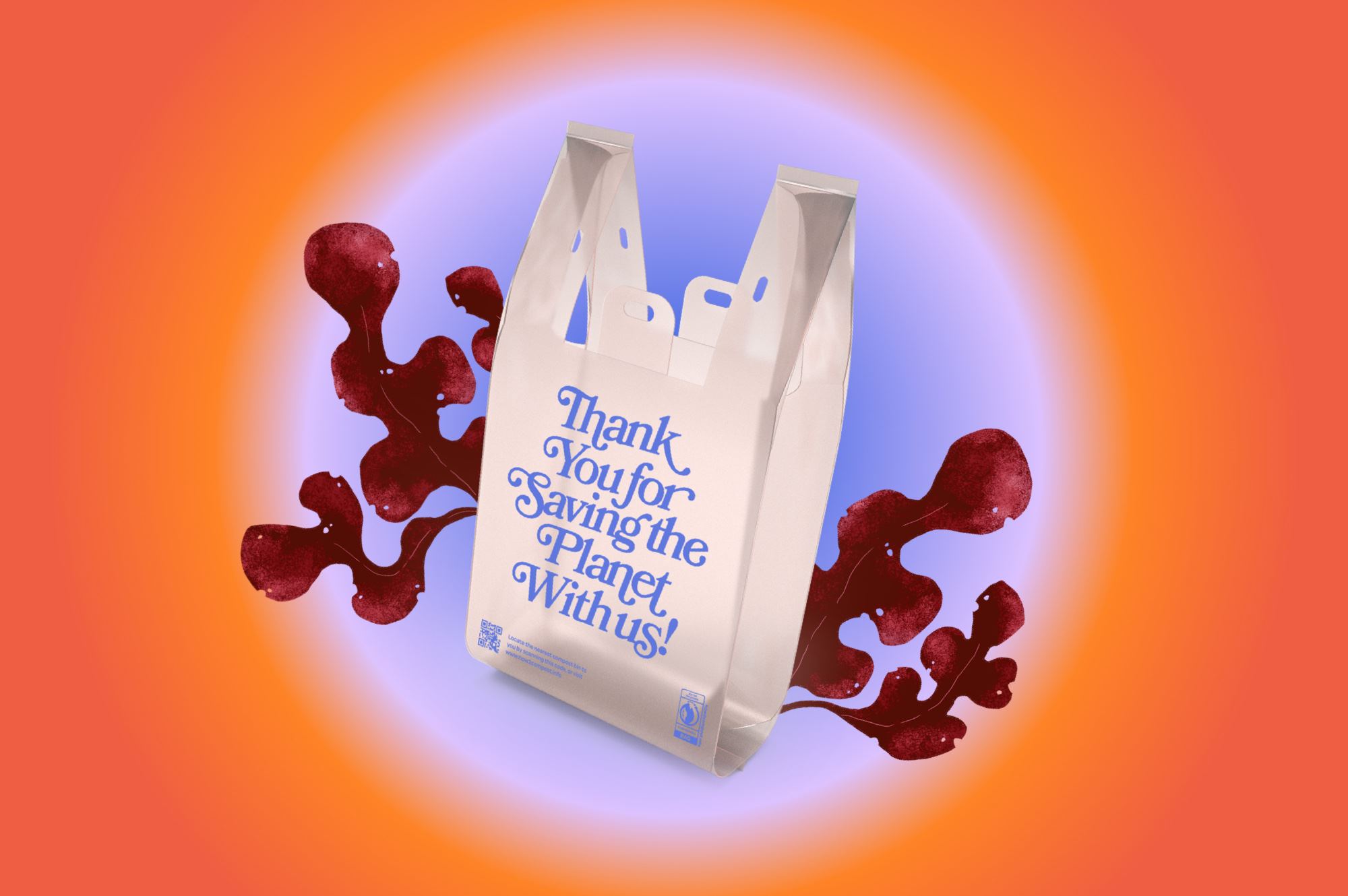 A rendering of a plastic bag alternative, with seaweed in the background. Text on the bag says "Thank You For Saving The Planet With Us