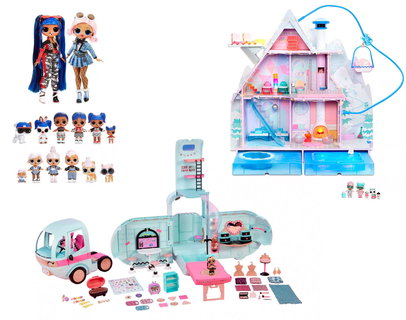 Assorted dolls, the dollhouse and camper sets