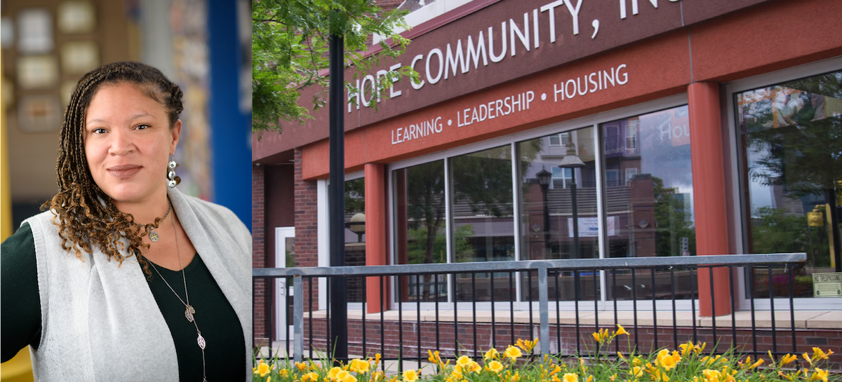 Left, a head-and-shoulders shot of Shannon Smith-Jones; right, the exterior of Hope Community, Inc.