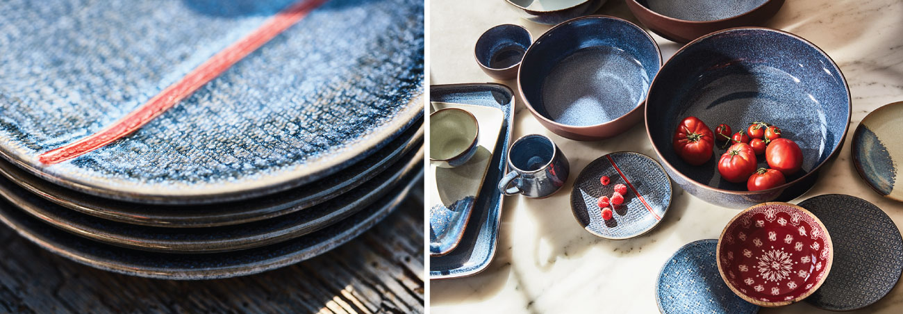 A two-photo collage shows a stack of plates and serverware on table