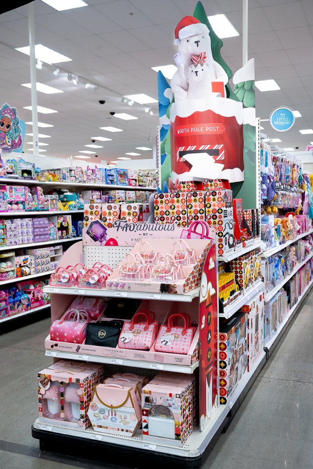 A Target endcap is filled with FAO Schwarz toys.