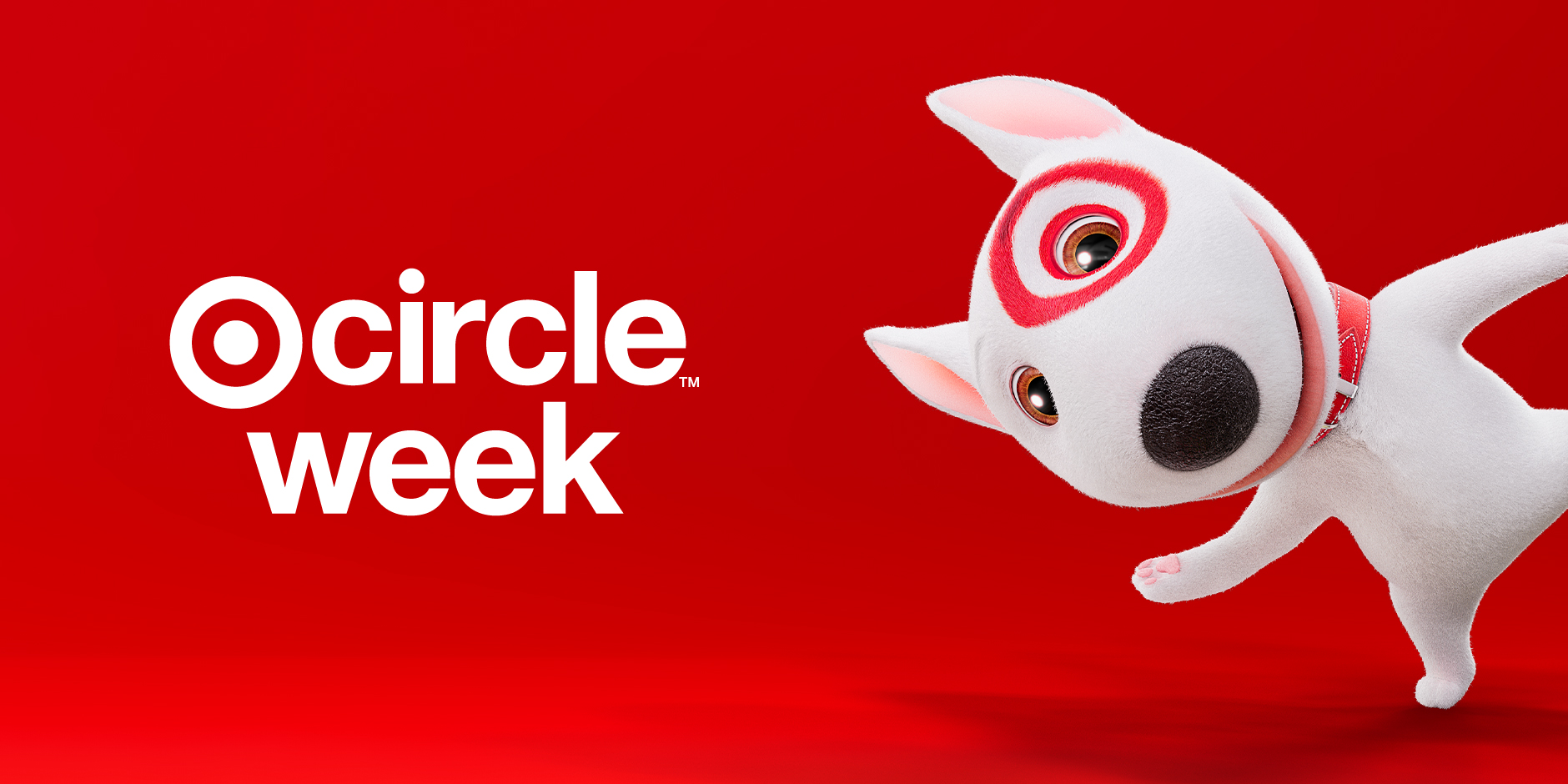 A red background with the Target Bullseye logo next to the words “Circle week” and an animated Bullseye the Dog image leaning sideways and waving.