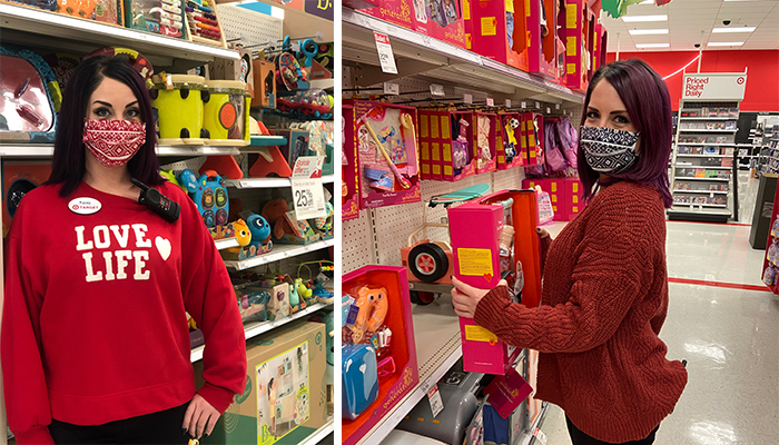 Two photos of Kacey, a team member wearing a red shirt and mask, working in the toy aisles.