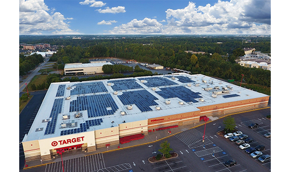 A birds-eye-view of a Target store with solar rooftop panels on the roof