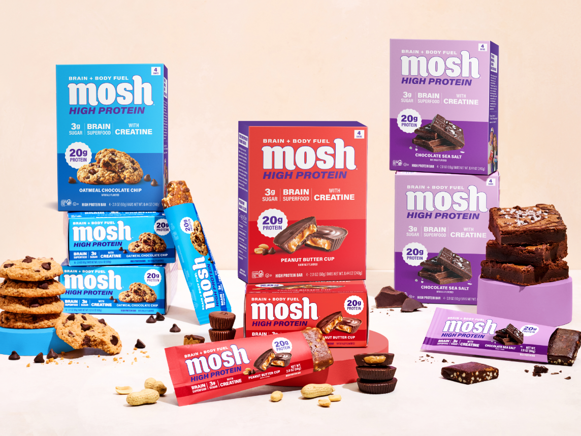 A display of MOSH High Protein Bars.