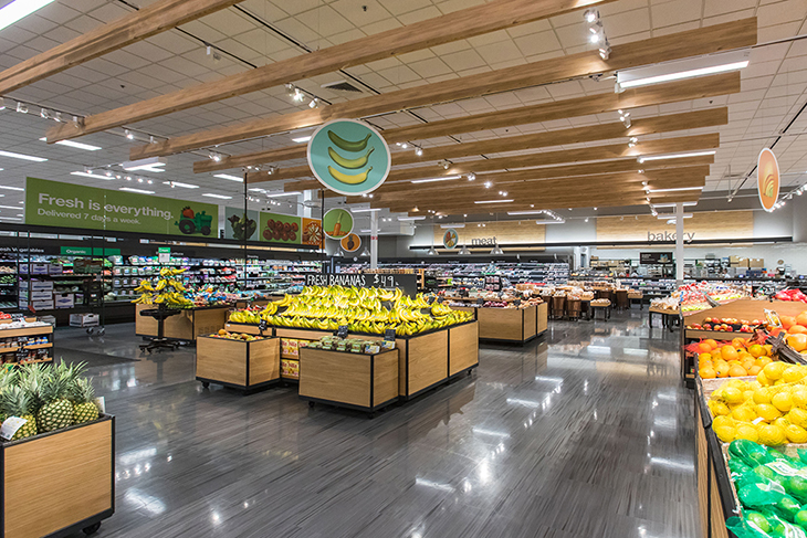 A wide shot of the food and beverage area of a Target store with fresh produce on display
