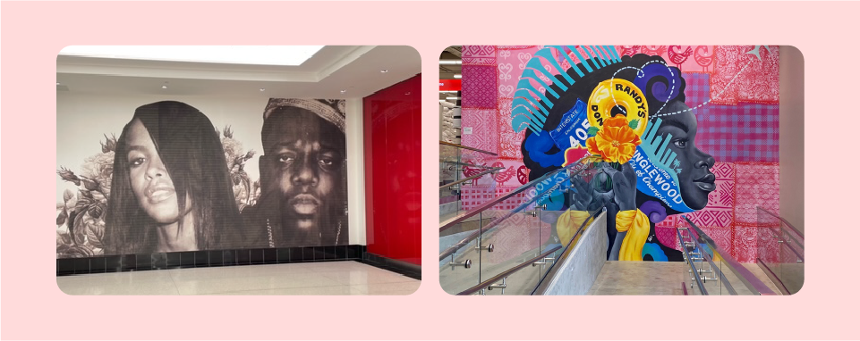 A collage of images showing a mural featuring The Notorious B.I.G. and Aaliyah at Brooklyn Kings Plaza, and artwork celebrating the city of Inglewood in California.