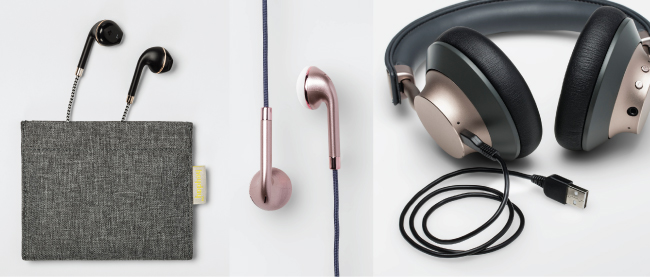Black earbuds with case, rose-hued earbuds and gold-accented headphones