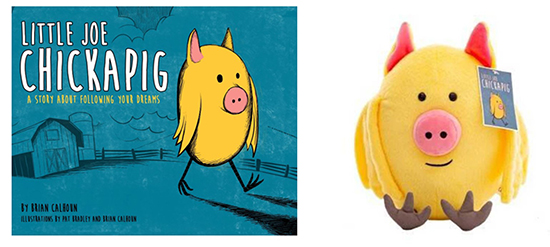 On the left, the book cover of "Little Joe Chickapig," with blue background, yellow character and white text. At right, a yellow plush Chickapig toy with hang tag.