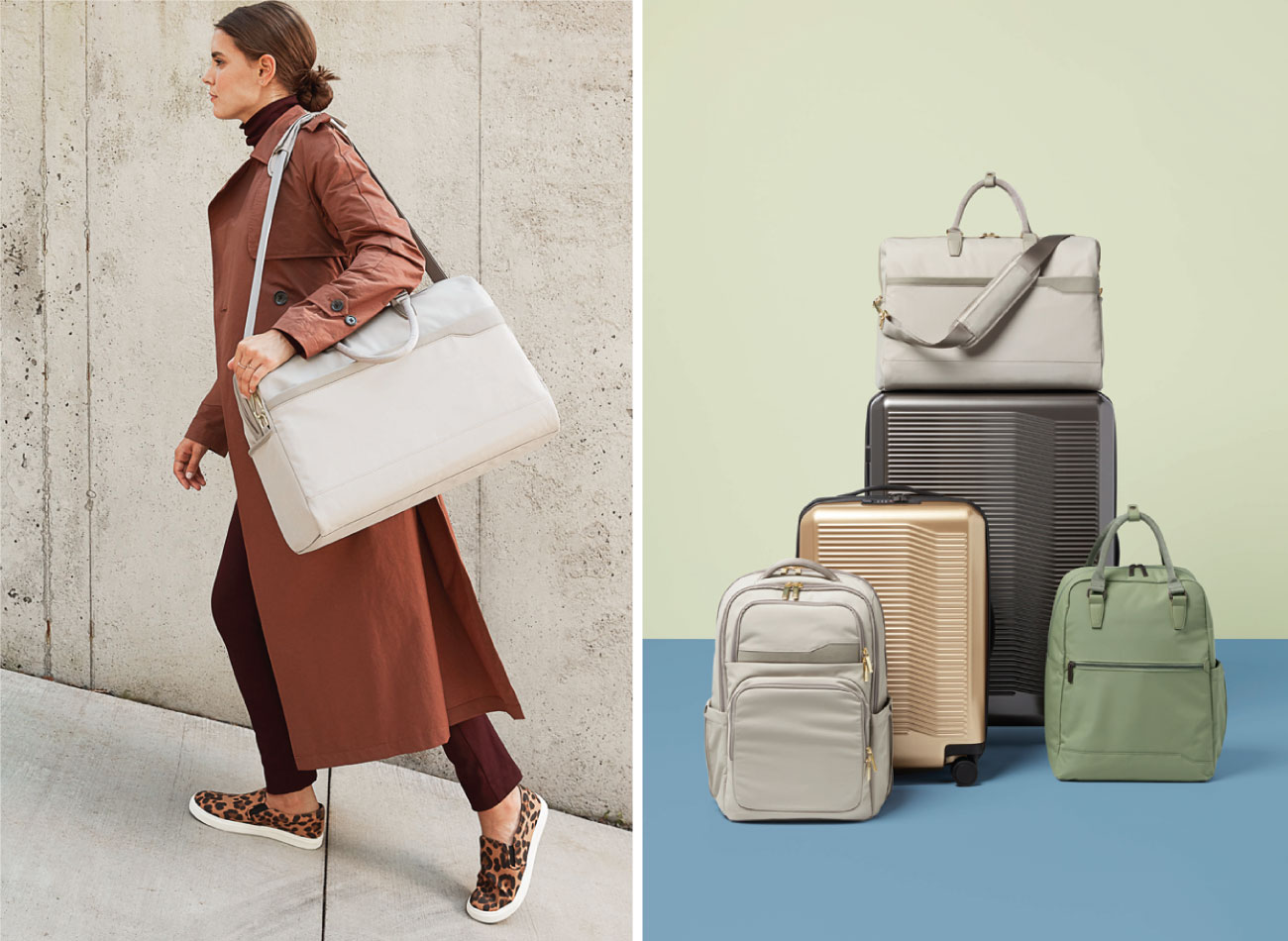 Left, a model carries a tan shoulder bag; right, a stack of assorted luggage bags in tan, silver, champagne and olive