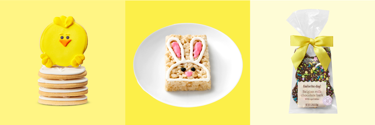A chick-shaped cookie, crisped rice treat and package of bunny-shaped chocolate bark.