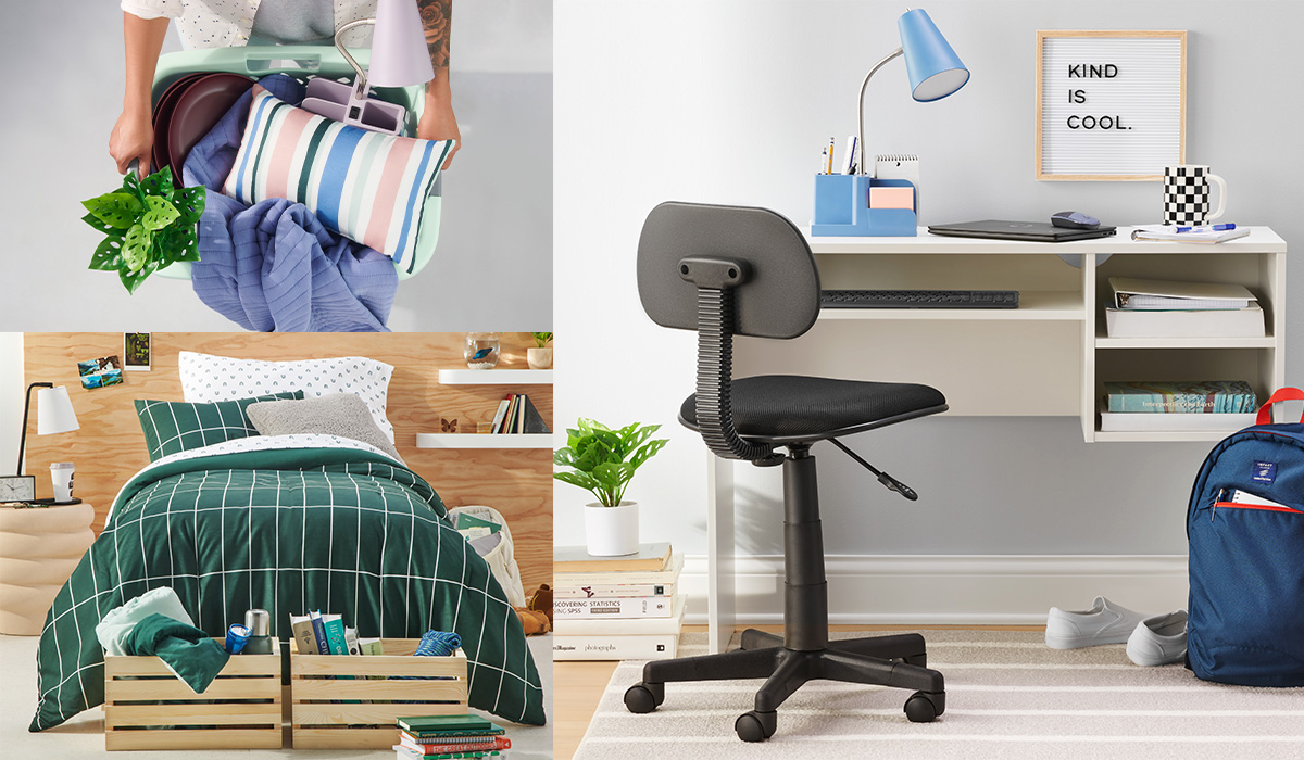 Back-to-college images, including a person holding a laundry basket full of dorm items, a desk and chair, and a twin bed with a green and white comforter.