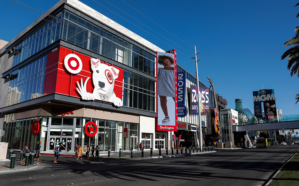 The exterior of our Las Vegas Target store with tall windows and a sign featuring Bullseye the dog