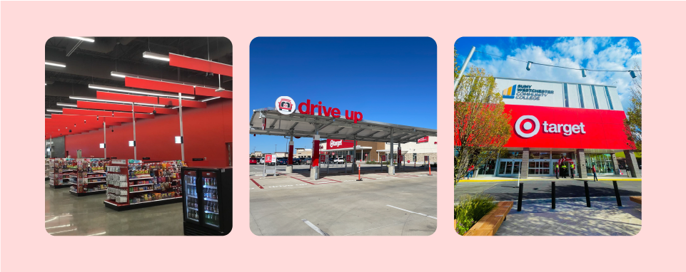 A collage showing the large checkout area of Prosper, Texas, the Drive Up lanes at New Caney, Texas, and the outside of Yonkers Cross County in Brooklyn, New York.