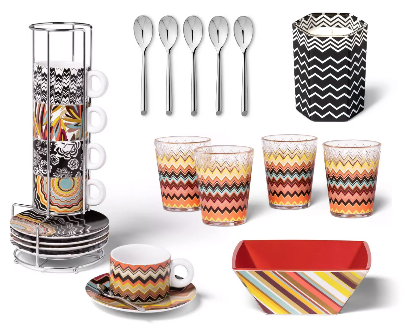 Sets of cups, spoons and tableware in Missoni zigzag patterns