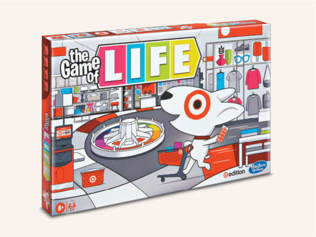 The Game of Life: Target Edition game box, featuring the words “the game of Life” and an illustration of Bullseye the Dog pushing a cart.