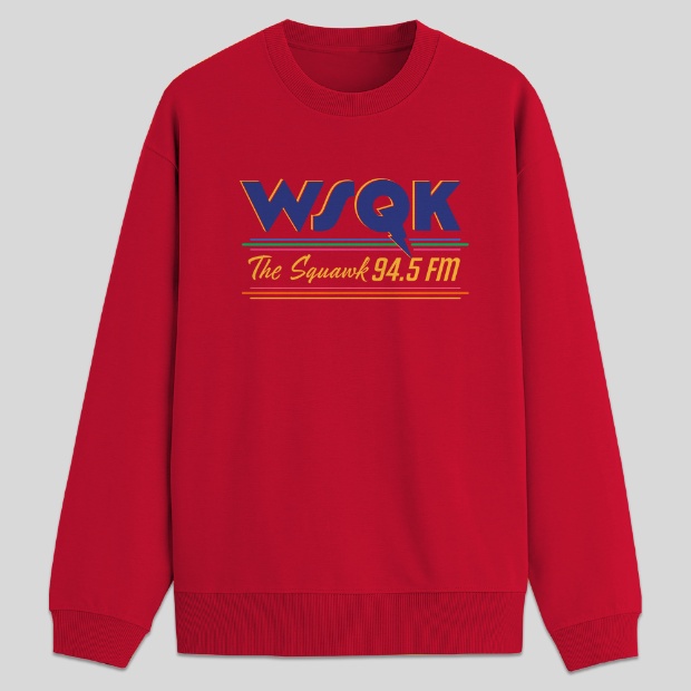 Red fleece crewneck sweatshirt with WSQK design.